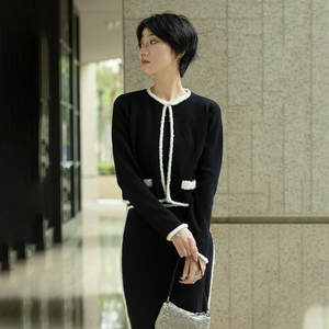 Customized Trendy Autumn Winter <b>Women's</b> <b>Long</b> Sleeve Knitted <b>Jumper</b> Cotton Blend Black Sweater Cardigan - Product Image 5