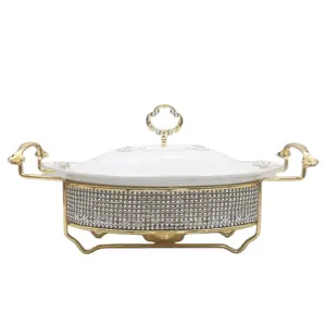 Plat de service de luxe en céramique 1,5L/2L avec incrustations de diamants, chauffe-plat de buffet en porcelaine avec couvercle pour mariages, hôtels et banquets - Product Image 1