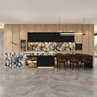 Ensemble d'armoires de cuisine sur mesure pour villa et penthouse, îlot en pierre frittée à grain de bois avec table à manger, quincaillerie antirouille