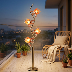 Lámpara de pie floral estética, poste dorado en forma de S, pétalos de loto acrílicos con degradado luminoso, luz LED cálida para una decoración elegante del hogar. - Product Image 3