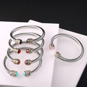 Stainless Steel Cable Open <b>Bracelet</b> Natural Stone Twisted <b>Adjustable</b> C Shape Titanium Steel Unisex Jewelry Gift - Product Image 1