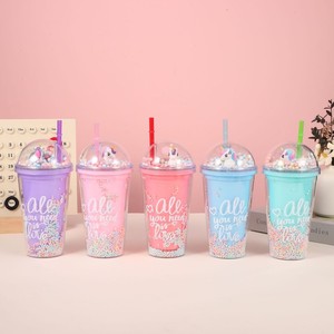 Kawaii 450ml Sweet Heart Love Slogan Unicorn Cartoon <b>Plastic</b> Straw Tumbler with Pastel Pom Pom Dome Lid Double Wall Clear Bottom - Product Image 1