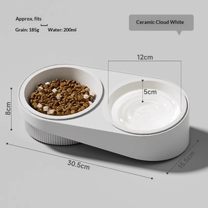 ชามอาหารและน้ำแบบพกพา 2in1 สำหรับสุนัขและแมว ทำจากเซรามิกและสแตนเลส ดีไซน์ชามคู่พร้อมขอบเอียง - Product Image 6