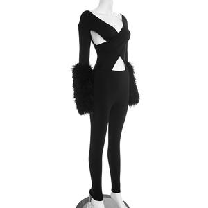 Body de mujer con cuello en <span class=keywords><strong>V</strong></span> y manga larga, con ribete de piel sintética, diseño cruzado y aberturas, estilo <span class=keywords><strong>mono</strong></span>, moda Sehe - Product Image 5