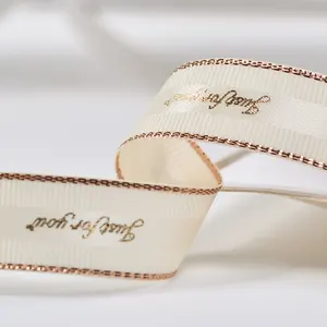 Fita de cetim com borda dourada rosa, enfeites de decoração para casamento com logotipo impresso, roupas e caixas de presente