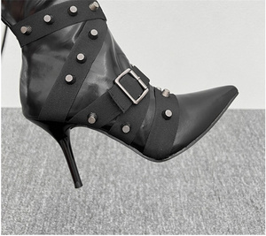 <strong>White</strong> PU Leather Buckle Tie Studded Strap High Heel <strong>Knee</strong> <strong>Boots</strong> Women Stiletto Heeled Pointed Toe High Point Heel Long <strong>Boot</strong> - Product Image 4