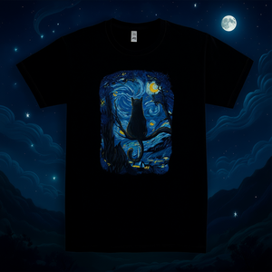 T-shirt Cat Starry Night con stampa artistica nera, taglia unisex per adulti - Product Image 3
