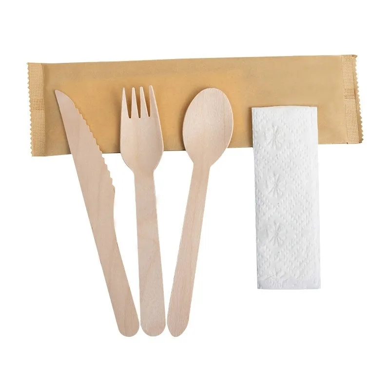 Cubertería de madera ecológica desechable, cuchara, tenedor, cuchillo, juego de vajilla con servilleta