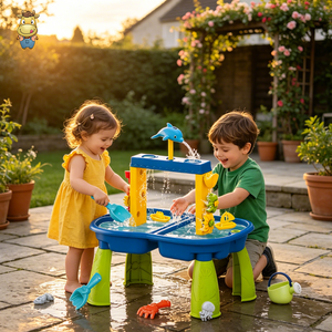 Table de jeu aquatique pour enfants Splash Dolphin avec parasol, double piscine et pulvérisation d'eau, ensemble de jeu pour l'eau et le sable - Product Image 5