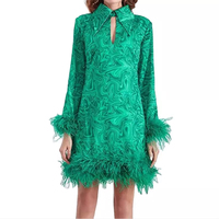 Mini robes à manches longues vertes pour femmes, doublure en A, OEM, personnalisé, entièrement imprimé, garniture en plumes, décontractées