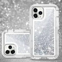 Coque de téléphone hybride 3-en-1 PC+TPU avec paillettes liquides Quicksand, protection antichoc robuste pour iPhone 16 15 14 13 12 11 Pro Max Plus