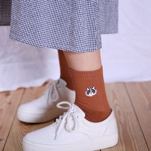 Custom logo Cat Embroidery Tube Solid Crew Cotton Custom logo Girls Women <b>Socks</b> - Product Image 4