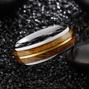 POYA Schmuck 8mm Gold Rillen Whisky Holz versilbert Inlay Wolfram Ehering Ringe