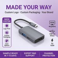 Mini Hub USB C 3 en 1, HDTV 4K60Hz, PD100W, USB3.0 5Gbps, 11.5mm, Delgado, de Aluminio, Portátil, para Viajes, Sin Controlador, para Mac, Windows, Linux