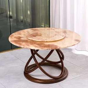 Bancada de mármore redonda exclusiva com base de madeira maciça para mesa de jantar de 4 lugares, móveis de cozinha e sala de jantar