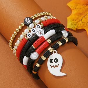 Cartoon Beaded Bracelet <b>Set</b> Halloween Accessories Multi Layered Polymer <b>Clay</b> Pumpkin Skull Charm Women's Fashion Jewelry - Product Image 1