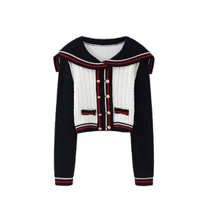 Spring fashion Color matching Sailor Collar cardigan lady knit sweater