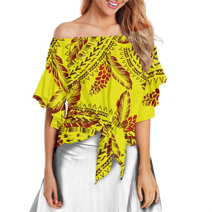 Samoan Fijian <span class=keywords><strong>Masi</strong></span> Design camicette con spalle scoperte camicette da donna a maniche corte estive Casual Fashion Bow Design donna top in Chiffon - Product Image 4
