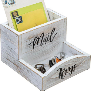 Porte-clés et porte-lettres vintage en bois massif blanc, plateau de rangement rectangulaire sur pied pour entrée, bureau ou organisateur de bureau - Product Image 5