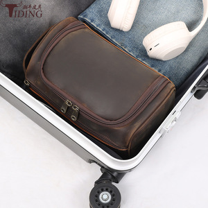 Tiding Genuine Leather <b>Toiletry</b> Bag Dark Brown Rectangle Portable Travel <b>Storage</b> - Product Image 1