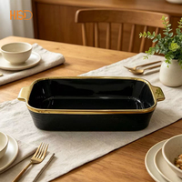 Plat à four rectangulaire en céramique de luxe moderne avec bord doré et double poignée pour la cuisson et la rôtissure, emballage cadeau personnalisé pour restaurant