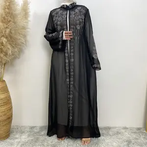 Bicomfort Luxury muslim Open Abaya with Diamond Long Robe Crystal Kaftan Muslim Women Rhinestone Abaya