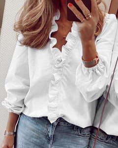 Vendita calda top da donna e camicette <span class=keywords><strong>eleganti</strong></span> T-Shirt bianca a manica lunga da donna tinta unita Chemise Femme Blusa Streetwear Feminina - Product Image 2