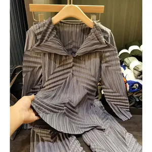 Advanced sense simple one color nice set hot selling lapel long sleeve pleated top pants two-piece female new autumn