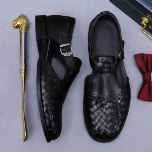Sandales plates classiques en cuir véritable noir pour homme, avec fermeture chaussette, bout fermé, respirantes, pour l'été et le printemps - Product Image 1