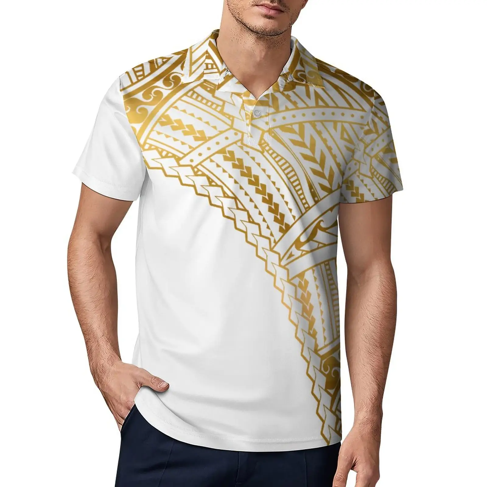 T-shirt de Sport de haute qualité à séchage rapide pour hommes, Polo doré et blanc, t-shirt de Golf à tatouage polynésien, haut à manches courtes pour hommes