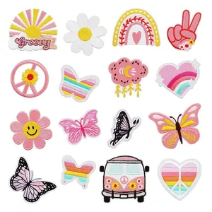 Pink Cute Collection Twill Handmade Embroidery Iron On Patches Butterfly Peace Sign Heart Patches