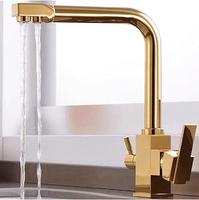 Robinet de cuisine moderne en or brossé à 2 poignées, mitigeur chaud/froid avec filtre, robinet filtrant pour eau potable, robinet de cuisine 3 voies