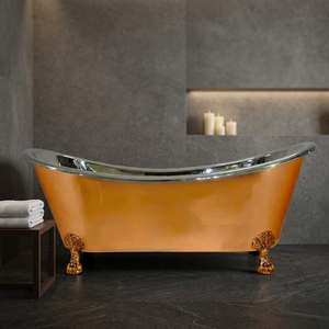 Bañera independiente de cobre con patas de gato, ovalada, metálica, con acabado martillado, moderna para baño - Product Image 1