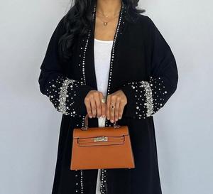 Cardigan di Alta Qualità per l'Eid, Abaya Nera con Strass e Perle, Cristalli Scintillanti, Kimono Dubai, Abaya Aperta, Abito Musulmano, Abbigliamento Islamico - Product Image 2