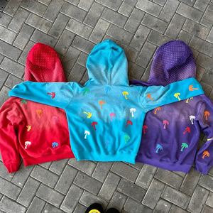 OEM Custom High Quality Distressed Boxy Rhinestone 500 Gsm Heavyweight Oversized Acid Wash <b>Zip</b> 3D Puff Printing Men's <b>Hooded</b> - Product Image 5