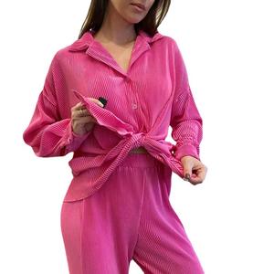 XS-L vendita calda Casual plissettato 2 pezzi Set camicette a maniche lunghe <span class=keywords><strong>pantaloni</strong></span> larghi <span class=keywords><strong>Beige</strong></span> eleganti abiti autunnali da donna - Product Image 1