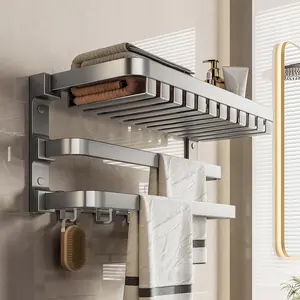 Gun Ash Bathroom Towel Rack Without Punching Three-layer Thickened And Widened Net Basket Towel Rack Bathroom Folding Storage
