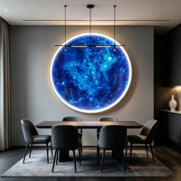 Décoration Murale Ronde LED : Affiches et Impressions Nébuleuse Lune Bleue, Tableau Luxe Terre sur Toile Encadrée pour Chambre à Coucher