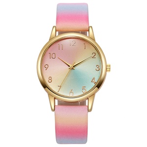 Rainbow Gradient Ladies Quartz Watch Gold <b>Case</b> Leather Strap - Product Image 5