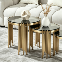 Ensemble de tables basses rondes modernes, plateau en verre trempé noir, structure en métal à tubes cannelés dorés, table d'appoint pour salon