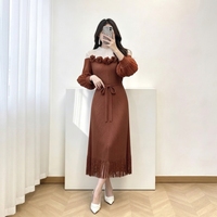 Robe longue de soirée en gros de Chine, style Miyake, avec patchwork, fleurs 3D, ceintures, plissée, tissée, respirante et infroissable