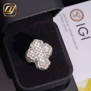 VVS Full Pave Baguette Lab Grown Diamond Cross <b>Ring</b> IGI Certified 925 Sterling Silver Wavy Edge Iced Out Hip Hop <b>Mens</b> Religious - Product Image 1