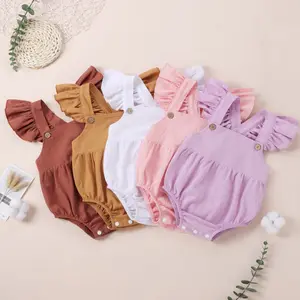 Baju Anak Perempuan Satu Potong 100% Katun, Jumpsuit Pakaian Musim Panas Balita, Romper Lengan Kerut Flying, Jumpsuit Katun