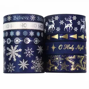 Атласная лента темно-синего цвета для праздничной атмосферы, рождественские украшения, Золотая фольгированная ребристая лента с принтом для подарочной упаковки