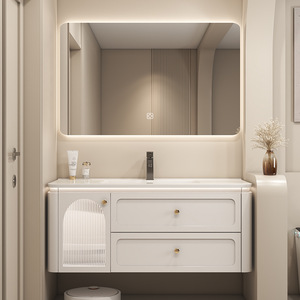 Cream White Wall-Mounted Bathroom <b>Vanity</b> with LED Smart <b>Mirror</b> Soft-Close Storage Drawers - Product Image 2