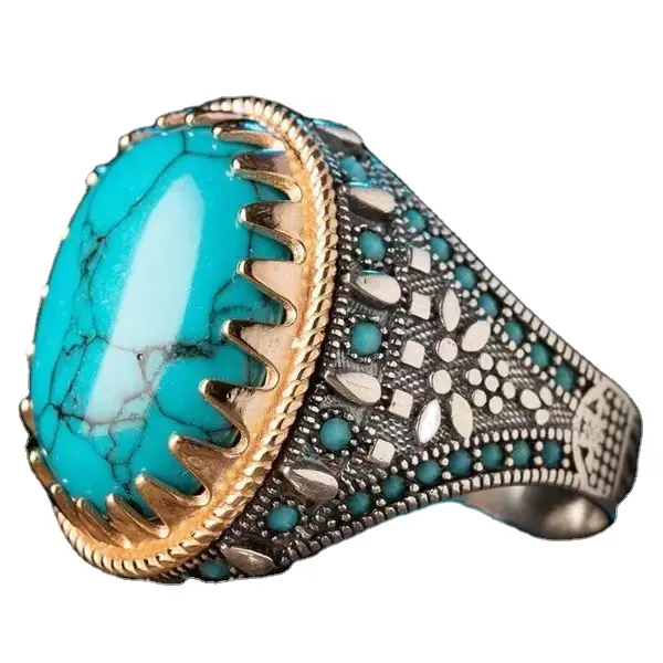 Hot Sales 925 Zilveren Sterling Vintage Natuursteen Ringen Punk Stijl Diamond Ingelegd Turquoise Ring Sieraden