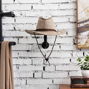 Soporte para sombrero montado en la pared con tubo de metal negro realista y madera marrón, ganchos colgantes para sombrero de entrada y soporte para peluca - Product Image 4