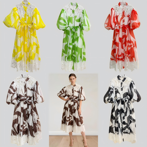 Elegante <span class=keywords><strong>Vestido</strong></span> <span class=keywords><strong>Midi</strong></span> con Estampado Abstracto Marrón y Blanco con Encaje, <span class=keywords><strong>Vestido</strong></span> <span class=keywords><strong>Camisero</strong></span> Estilo Vintage para Mujer, para Oficina, Uso Casual, a la Moda - Product Image 2