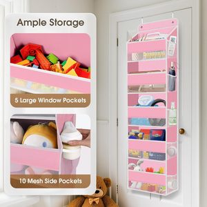5 Tier Over The Door Organizer Pink Hanging <b>Storage</b> With Clear Window For Kids Rooms Nursery Bedroom Bathroom Closet - Product Image 4