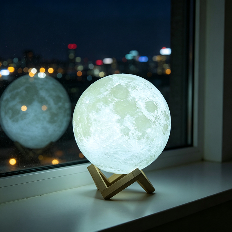 Lune Blanche 8cm + Base en Bois Clair - Pile Bouton